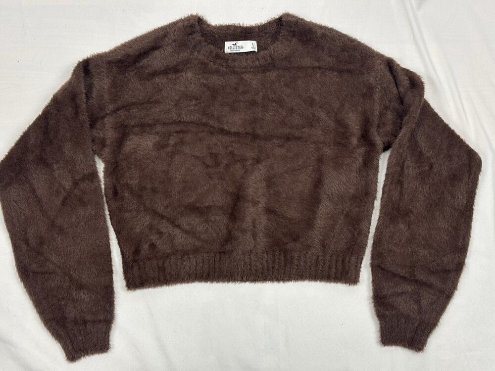 Hollister Women's Brown Cropped Fuzzy Knit Sweater Long Sleeve Crewneck Size S